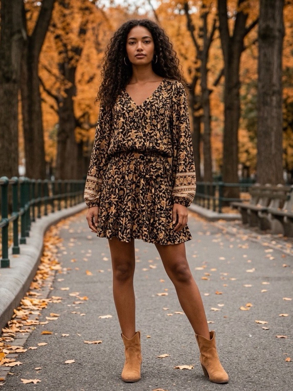 Rip Curl Dreamer Long Sleeve Floral Boho Dress Black Tan Size S